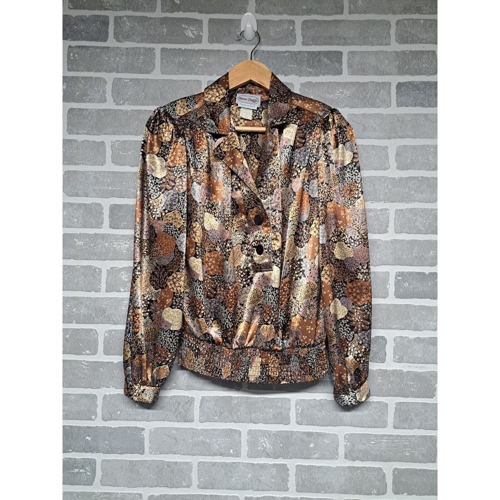 Three Flaggs Vintage 80s Made In Usa Satin Floral Balloon Sleeve Womens Top Sz 6